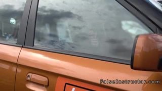 Natural busty blonde lady bangs in car