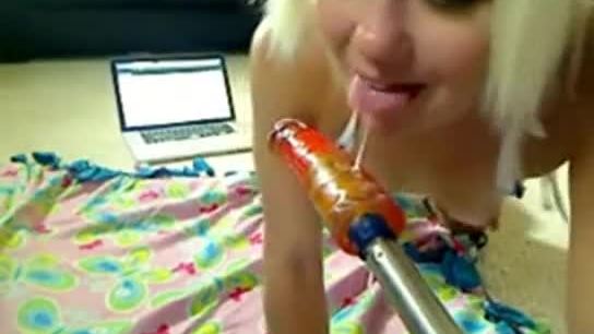 Cute blonde happy to use a fuck machine