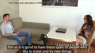 Slim female agent rides amateur guy in casting