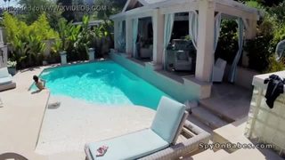 Voyeur topless ebony by the pool fucking
