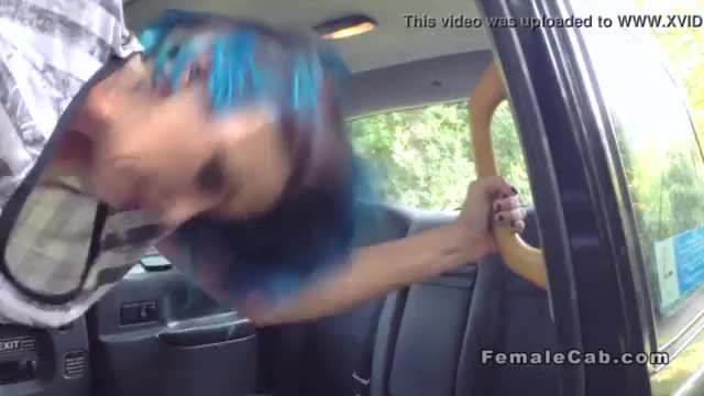 Female taxi driver licks brunette outdoor